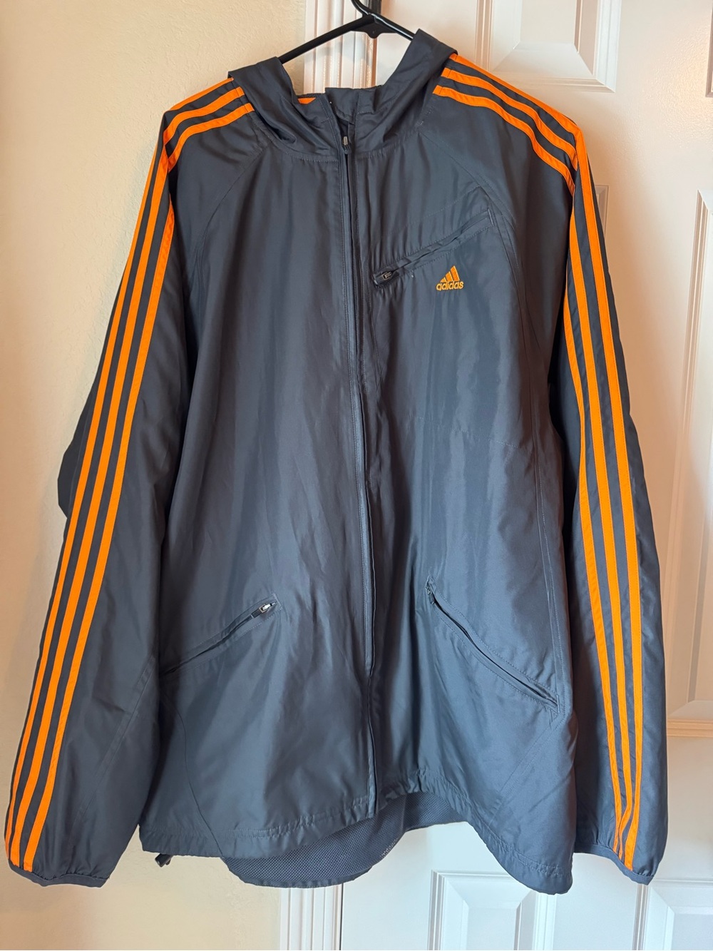 adidas Men’s Dark Gray Hooded Windbreaker with Orange Stripes